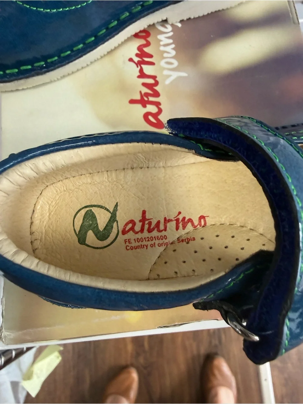 Baby Naturino Navy Patent Leather Mary Janes with Green Stitching